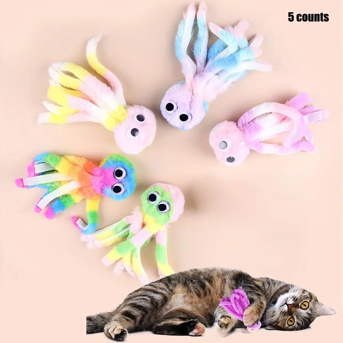 Colorful Octopus Shaped Plush Interactive Cat Toy, 5 Counts/set Soft Pet Plaything, Can Be Used To Replace The Magic Wand Head, Pet Supplies