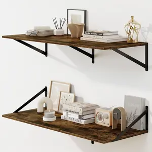 Fun Memories Floating Shelves for Wall, 12 Inch Deep Floating Shelves Set of 2, 36W x 12D Large Wall Shelf with Sturdy Metal Brackets for Living Room, Bathroom, Bedroom and Kitchen, Rustic Brown