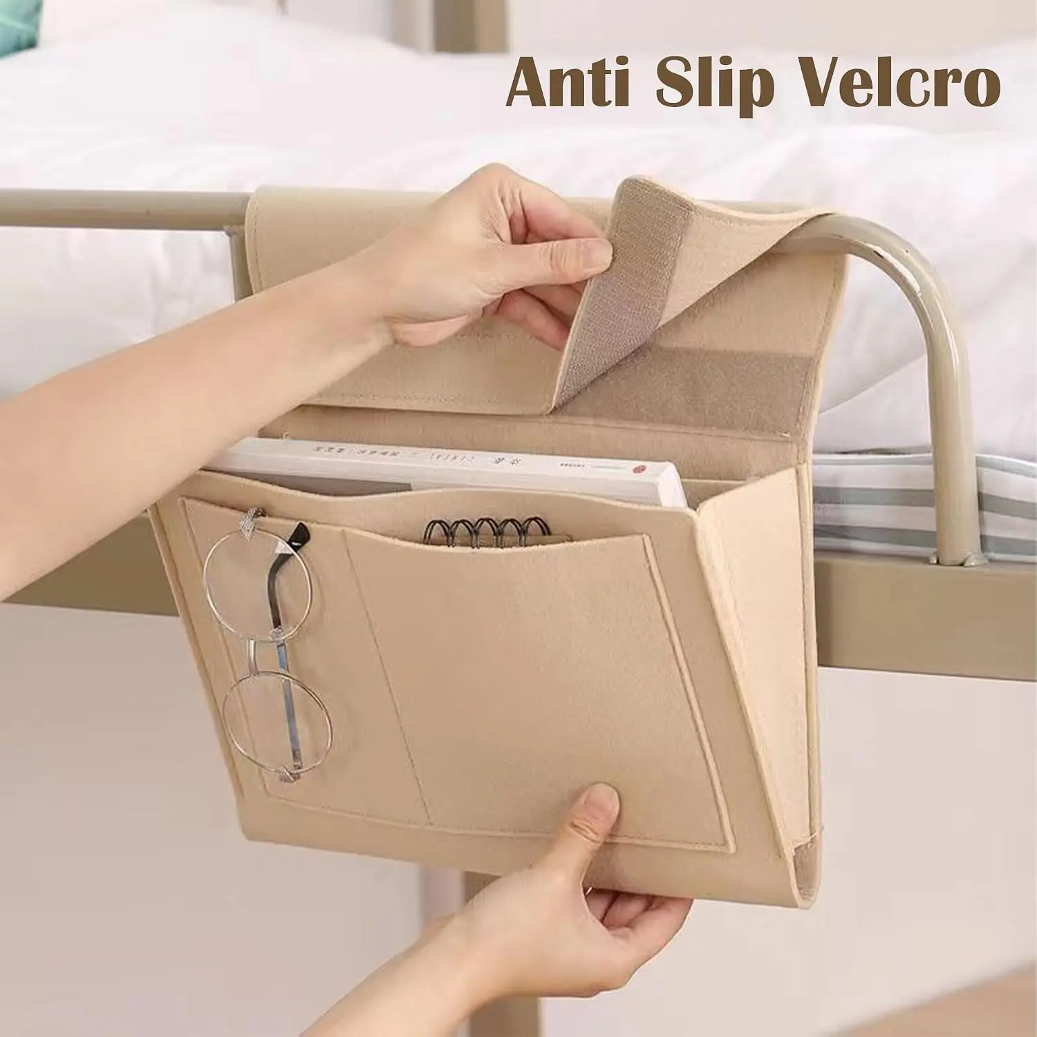 Bedside Caddy, 5 Pockets Felt Bedside Storage Organizer, Hanging Storage Organizer for Home Bedroom Living Room College Dorm Bed Water Bottles, Magazines, Phone, Glasses (Beige)