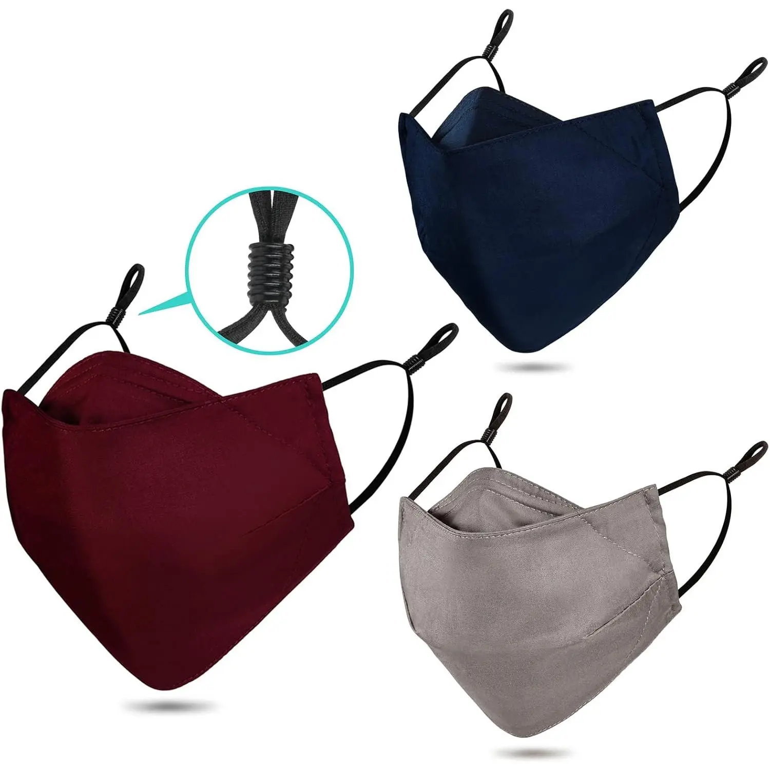 3-Ply Cloth Face Mask Reusable Washable,  Cotton Face  Nose Wire Filter Pocket Adjustable Ear Loops, Pack of 3 No Fog/Dust for Unisex Adult (1 Blue+1 Burgundy+1 Gray)