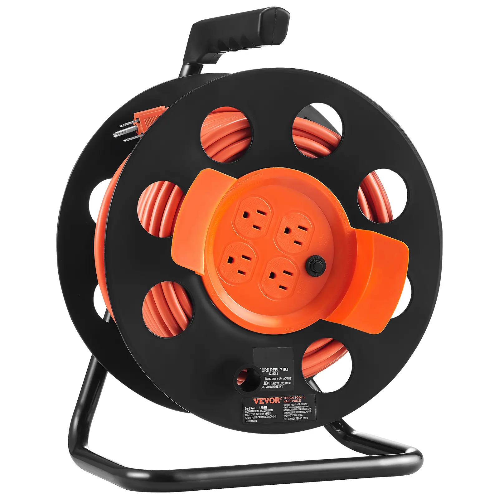 【toolupgrade】VEVOR 100 ft Heavy-Duty 14AWG Waterproof SJTOW Wire Extension Cord Reel, Manual Reel with 4 Outlets, Dust Cover, Handle & Carry Design, Oil-Resistant, Power Protection Circuit Breaker, UL Certified for Outdoor Wet Garages, Toolshed
