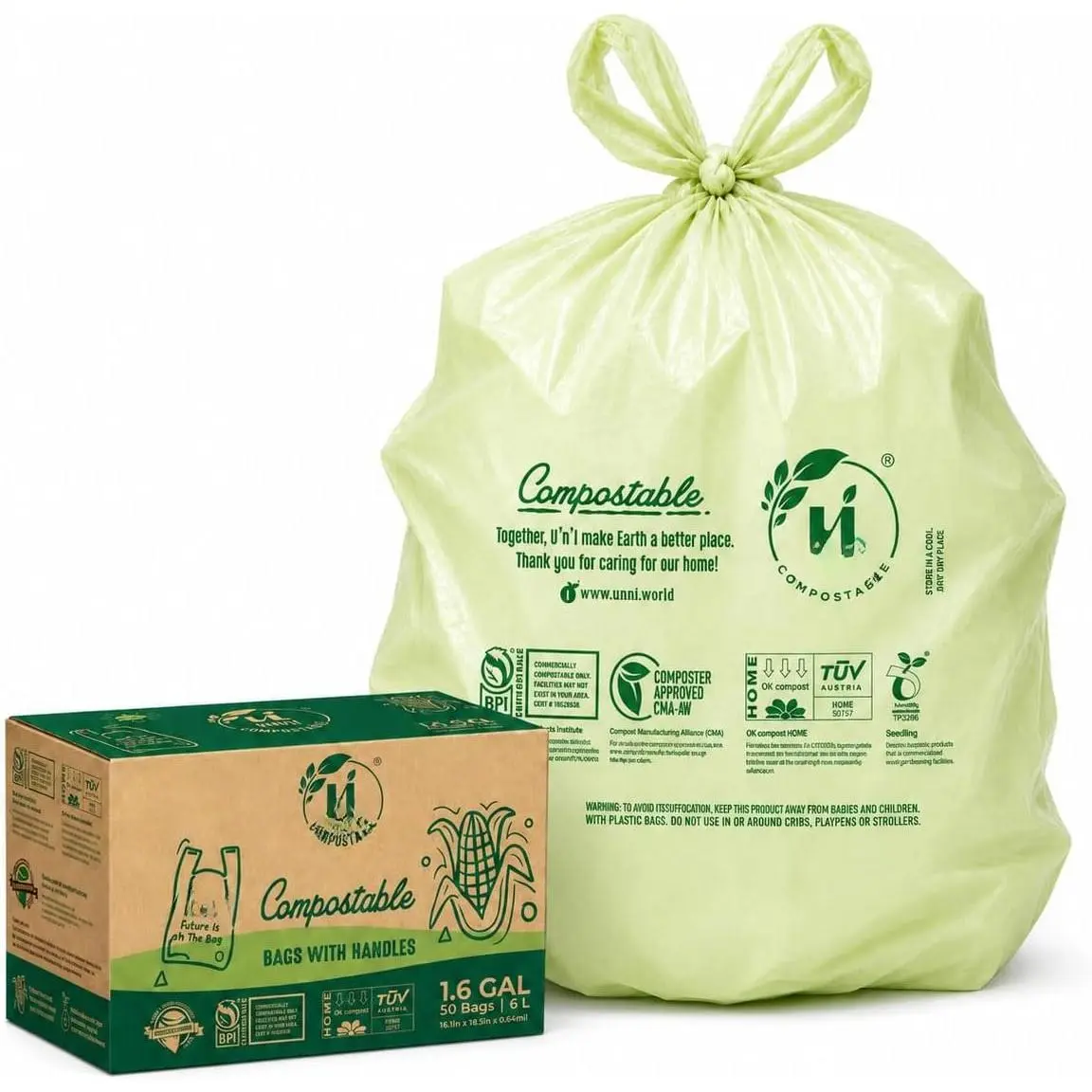 1.6 Gallon Compostable Trash Bags with Tie Handles, 50 Count Small  Scrap Kitchen Compost Bags for Countertop Bin, Certified by BPI, CMA & OK compost , Meets ASTM D6400