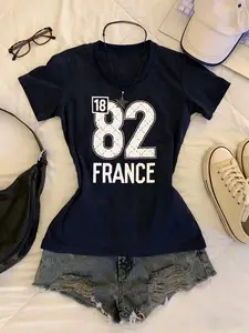 Women's Small Round Neck T-Shirt, Loose Short Sleeve, Soft Knitwear, Casual All Seasons, Graduation Style, Letter Print