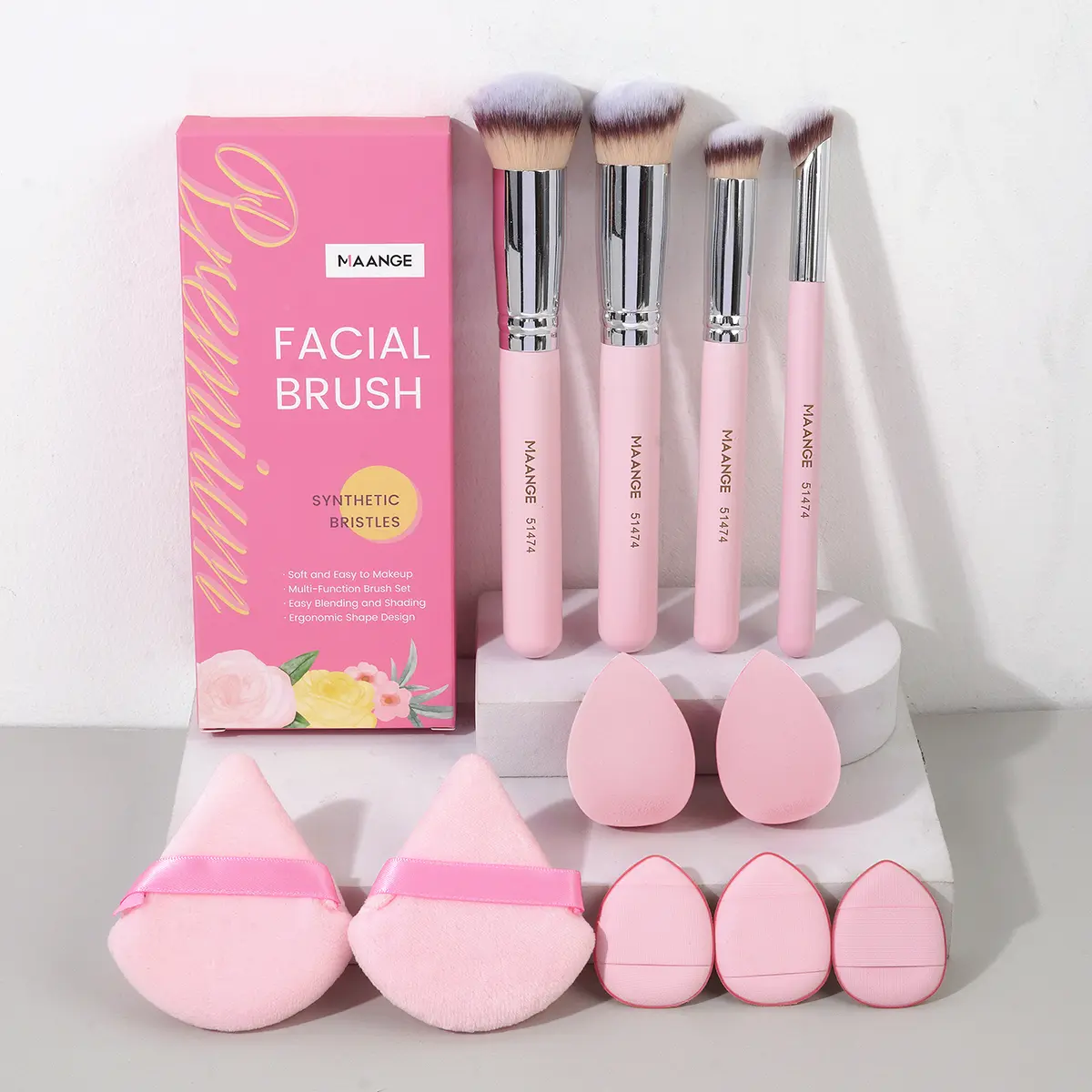 MAANGE 11-Piece Makeup Brush Set with Storage Box, Soft Vegan Fiber Cosmetic Tools for Beginners, Includes Sponges & Puffs for Easy Foundation Blending, Pink, Makeup Box Organizer, Makeup Organizer, Assortment Brush Sets & Kits