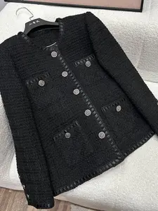 Women's Solid Color Tweed Round Neck Long Sleeve Single-breasted Fitted Jacket Coats, Elegant Fashion Casual Cufflinks Decor Outerwear for Daily Outdoor Wear, Women Clothing for Spring Fall