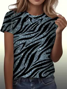 Summer New Polyester Short Sleeve T-Shirt, Fashionable Zebra Stripe Pattern, Sparkling Design, Casual Fitted Women's Top, Youthful Style