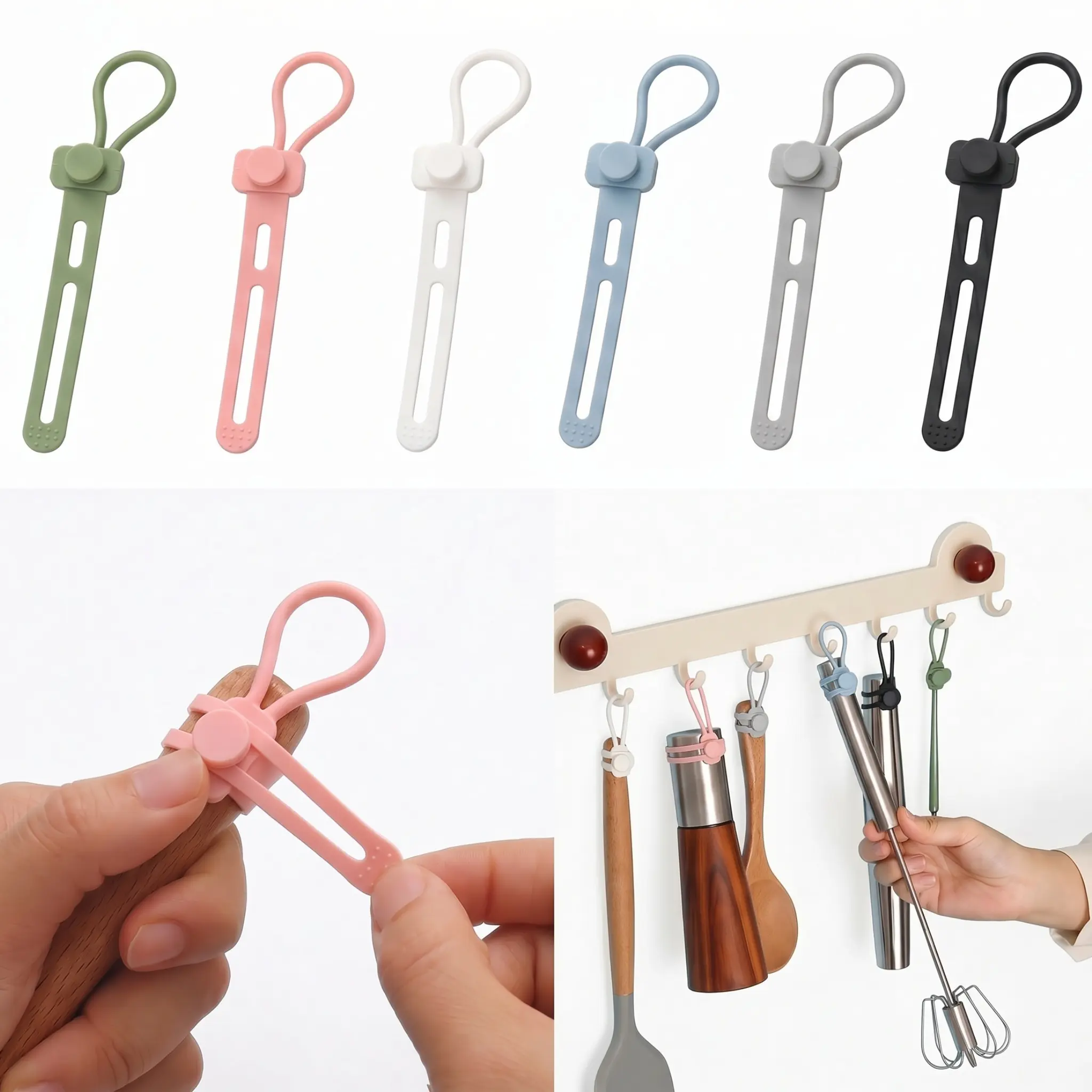 6 PCS Multifunctional Silicone Hanging Straps, Adjustable Reusable Storage Ties for Kitchen Utensils, Cleaning Tools, Hardware & Cables , Home Organization Hanger-YY