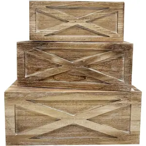 Wooden Crates Storage Container, Set of 3 Farmhouse Style Decorative Baskets for Home Decor, Rustic Decor, Nesting Stackable Organizers, Distressed  Crates, Barn Door Light Brown