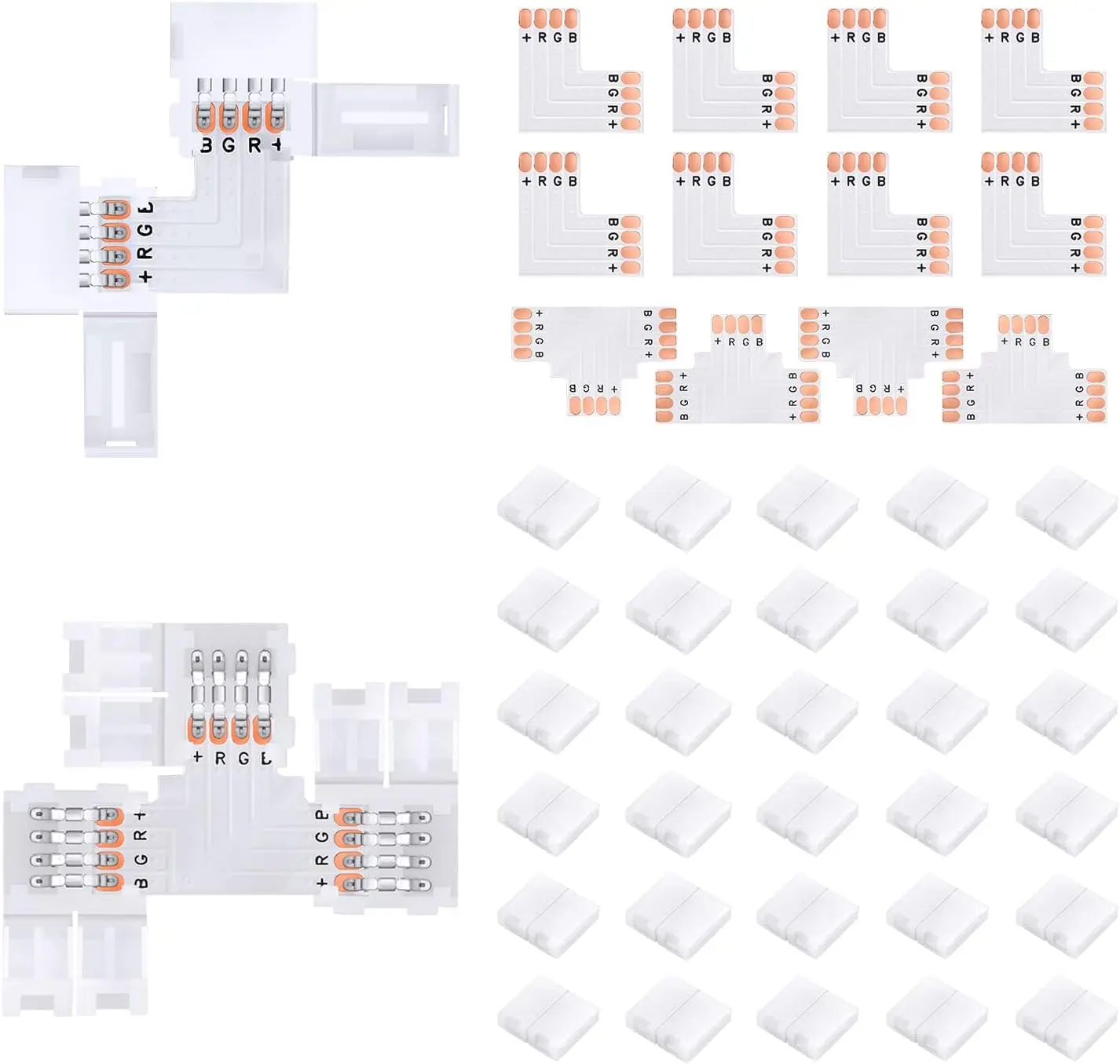 42Pcs 4 Pin LED Strip Connectors Kit for 5050 10mm Wide RGB LED Strip Light, Includes 8 L-Shaped, 4 T-Shaped, and 30 Solderless LED Light Connectors Clips, Easy for DIY Lighting Projects
