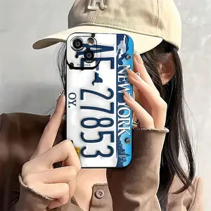 New York license plate–style phone case featuring a city skyline and bold typography design, compatible with iPhone 16, 15, 14, 13, 12, and 11 Pro series models. Made of TPU material with shock protection features