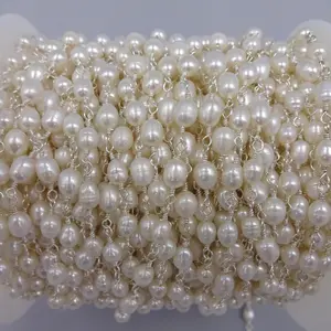 2FT. Cultured Fresh Water Pearl 5-6 MM  Rice-shape Rosary Style Beaded Chain Wire Wrapping Premier quality Non Tarnish Wire.