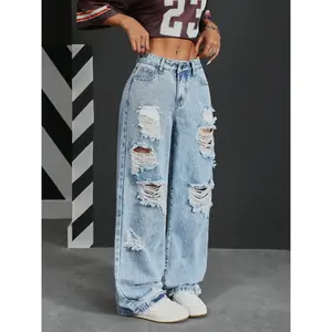2026 new denim jeans tear design slim fit wide leg pants, fashionable street straight leg pants, water washing technology, casual wearRAIMENTRY