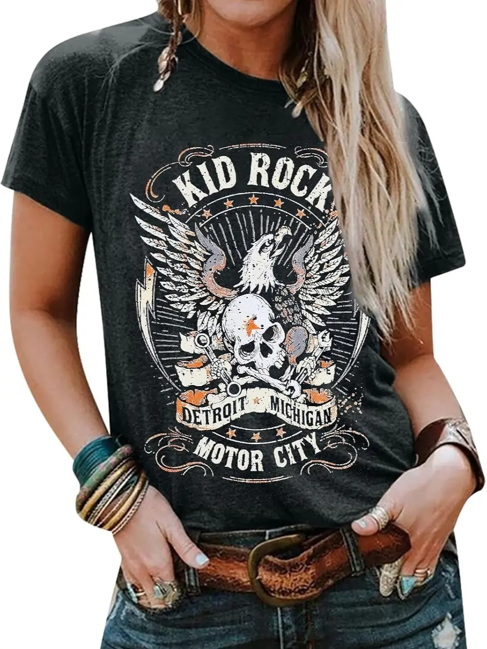SFHFY Kid Rock Skeleton Eagle T-Shirt Women Vintage Nashville Rock Roll Music Shirts Funny Motor City Graphic Skull Top