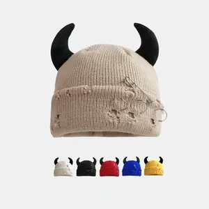 2026 Unisex Knitted Beanie With Devil Horns Halloween Distressed Skull Cap Hip Hop Winter Warm Yarn Hat For Men Women