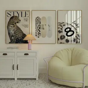 Set of 3 Leopard Cheetah Style Wall Art Print, Neutral Retro Cest la vie skateboard, 8 ball print aesthetic