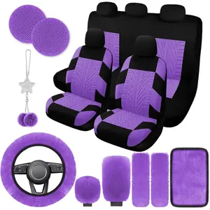 17 Car Seat Cover Full Set for Women,Universal Car Seat Cover, Plush Steering Wheel Cover,Fluffy Soft Wool Handbrake Gear, Suspension Accessories Full SUV((Patterned Purple
