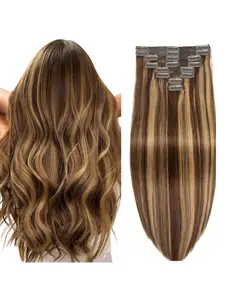 8-piece clip-in 100% Remy human hair extensions, for full head application, available in various lengths, standard weft, soft and natural, lengths from 14-28 inches, available in black/brown.