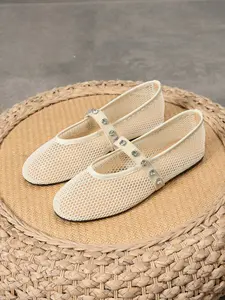 Women's Large Size Mary Jane Shoes, Summer Fashion, Round Toe, Breathable Mesh, Low Heel, Slip-On, Comfortable Outdoor Wear