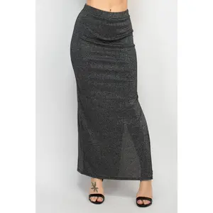 Women's Chic Shiny Knit Metallic Mood High-Waist Slit Maxi Skirt - Comfy Elastic-Fit Polyester Spandex-Tee Fabric Bottoms