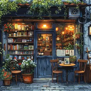 Bookstore Street Corner Scene DIY Diamond Arts Colorful Painting Kit without Frame, 5D Diamond Arts Colorful Painting Kit, Wall Art Decor for Home, Diamond Painting Kits