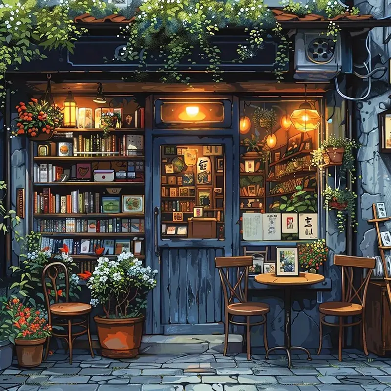 Bookstore Street Corner Scene DIY Diamond Arts Colorful Painting Kit without Frame, 5D Diamond Arts Colorful Painting Kit, Wall Art Decor for Home, Diamond Painting Kits, Crafts