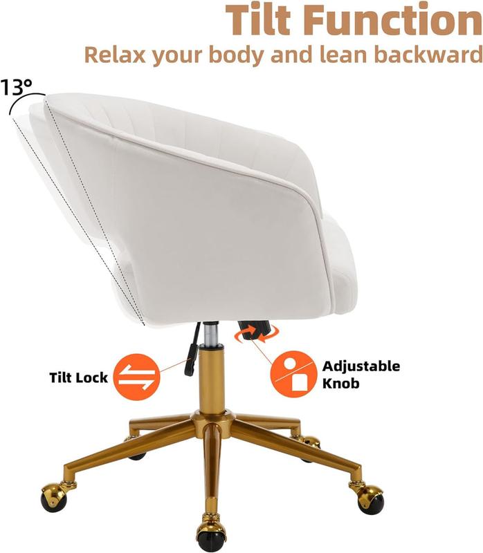 Home Office Desk Chairs, Modern Velvet Rolling Chair, Height Adjustable Swivel Vanity Chair with Golden Base, Ergonomic Chair for Vanity Study, Living Room Computer Room, Beige