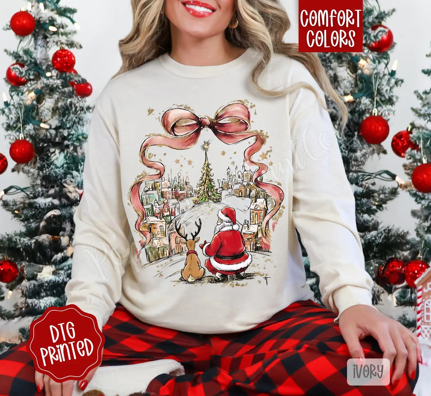 Coquette Christmas Town Comfort Colors Long Sleeve T-Shirt, Cute Women's Holiday Tee