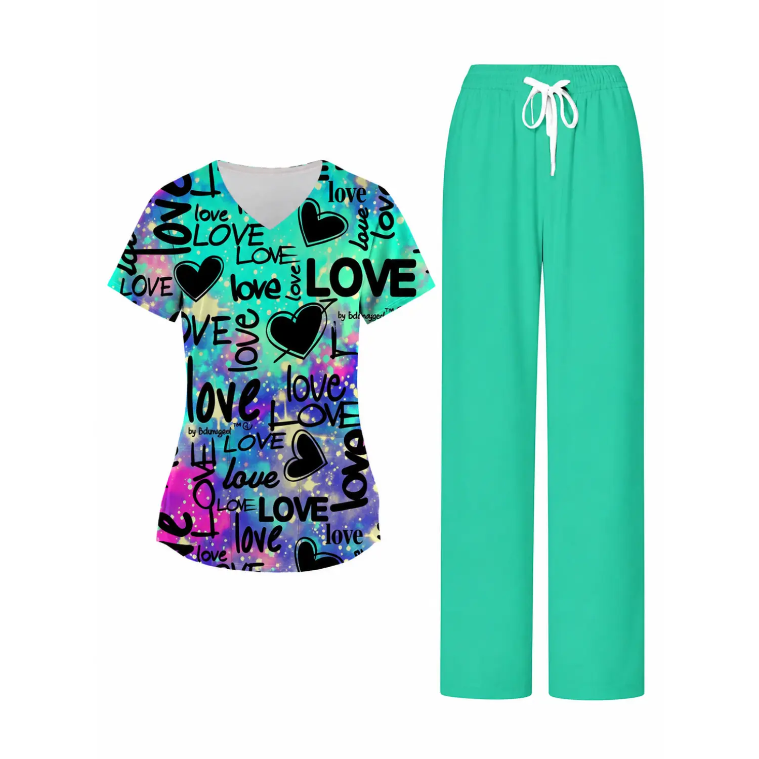 Women’s Galaxy Love Print V-Neck Nurse Uniform Set - Turquoise Drawstring Waist Scrub Top & Pants Nurse Outfit Nursing Work Clothes