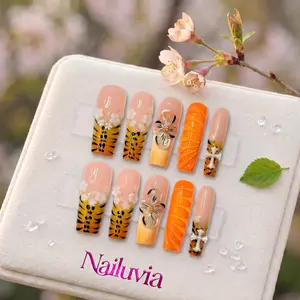 Nailuvia｜10PCS 100% Handmade Press-On Nails｜D125 1.3 Inch｜Reusable Colorful Art Acrylic Stylish｜Tiger Print & Orange Floral