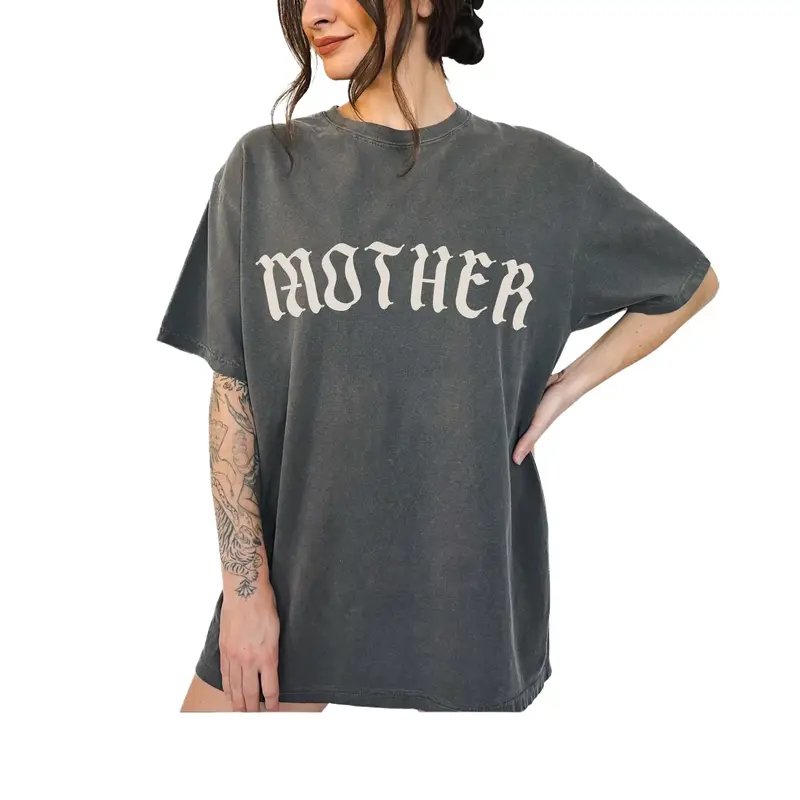 Women's Gothic Oversized Cotton Round Neck T-Shirt - Smooth Seamless Soft Top, Trendy Alternative Metal Core Tee, Old English "Mother" Print, Goth Gift, Multiple Color Options (Coffee,Red,Green,Blue,Purple)