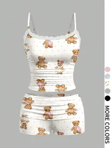 Two-Piece Set Women's Cartoon Bear Print Spaghetti Strap Cami Top & Shorts, Casual Cute Top & Shorts for Summer, Ladies Clothes for Daily Wear, Womenswear