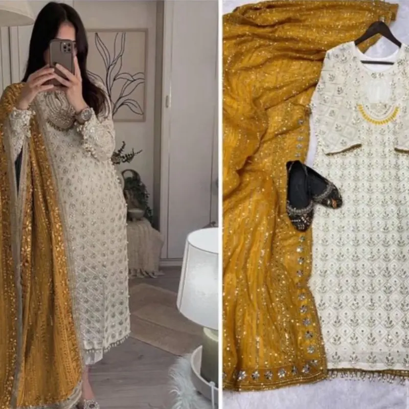 Women's Pakistani Tunic Dress, Casual White and Gold Embroidered 3-Piece Salwar Kameez Outfit with Dupatta, Women's Clothes, Lady, Accessories, Embroidery, Undamaged