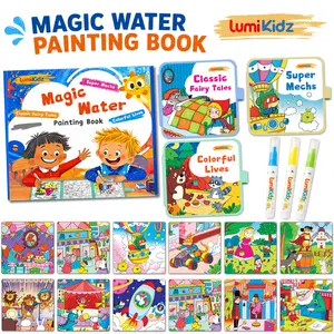 LUMIKIDZ Magic Water Coloring Book for Kids Ages 3-8, Reusable Mess-Free Water Painting Book Set with 3 Water Pens, 4 Themes Educational Travel Activity Toy summerwins