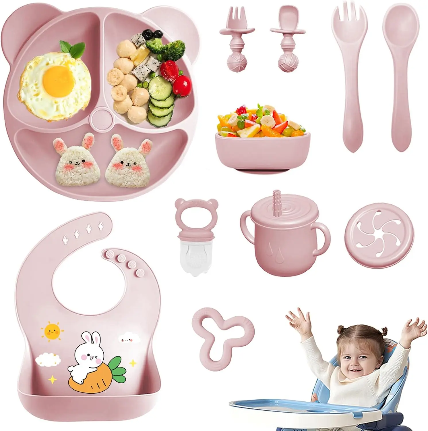 11-Pcs Unisex Pink Silicone Animal Print Baby Feeding Set - Baby Led Weaning Supplies for 6+ Months, Including Adjustable Bib, Suction Bowl, Divided Plate, Cup, Secure Grip Spoons & Forks for First-Stage Solid Food sohochic