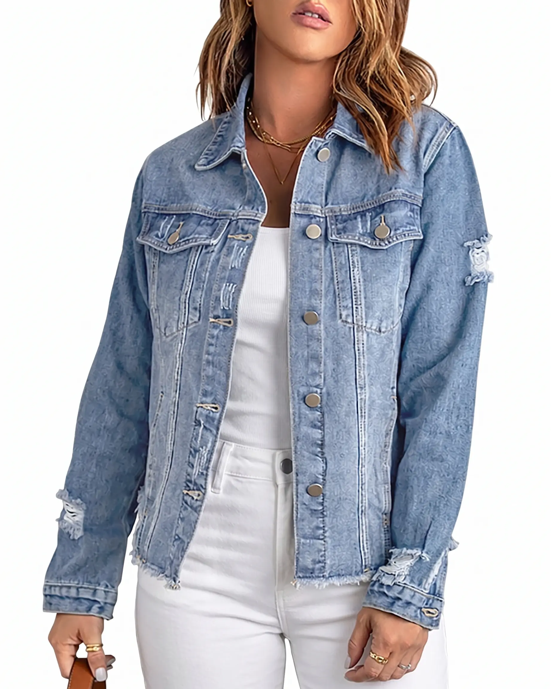ZOYEESHINE Women's Cropped Distressed Denim Jacket, Washed Boyfriend Jean Coat with Ripped Details, Frayed Hem, Button Front & Pockets, Casual Fall Layer for Back to School, Country Concert, Game Day & Going Out