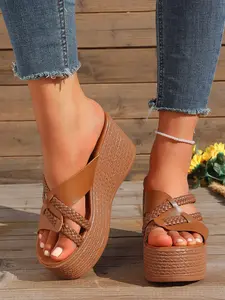 Women's Wedge Heel Thick Sole Platform Wedge Sandals, Fashion Casual Outdoor Elevator Slippers, PU Upper Material, Polyurethane Sole, Less Than Ankle Height