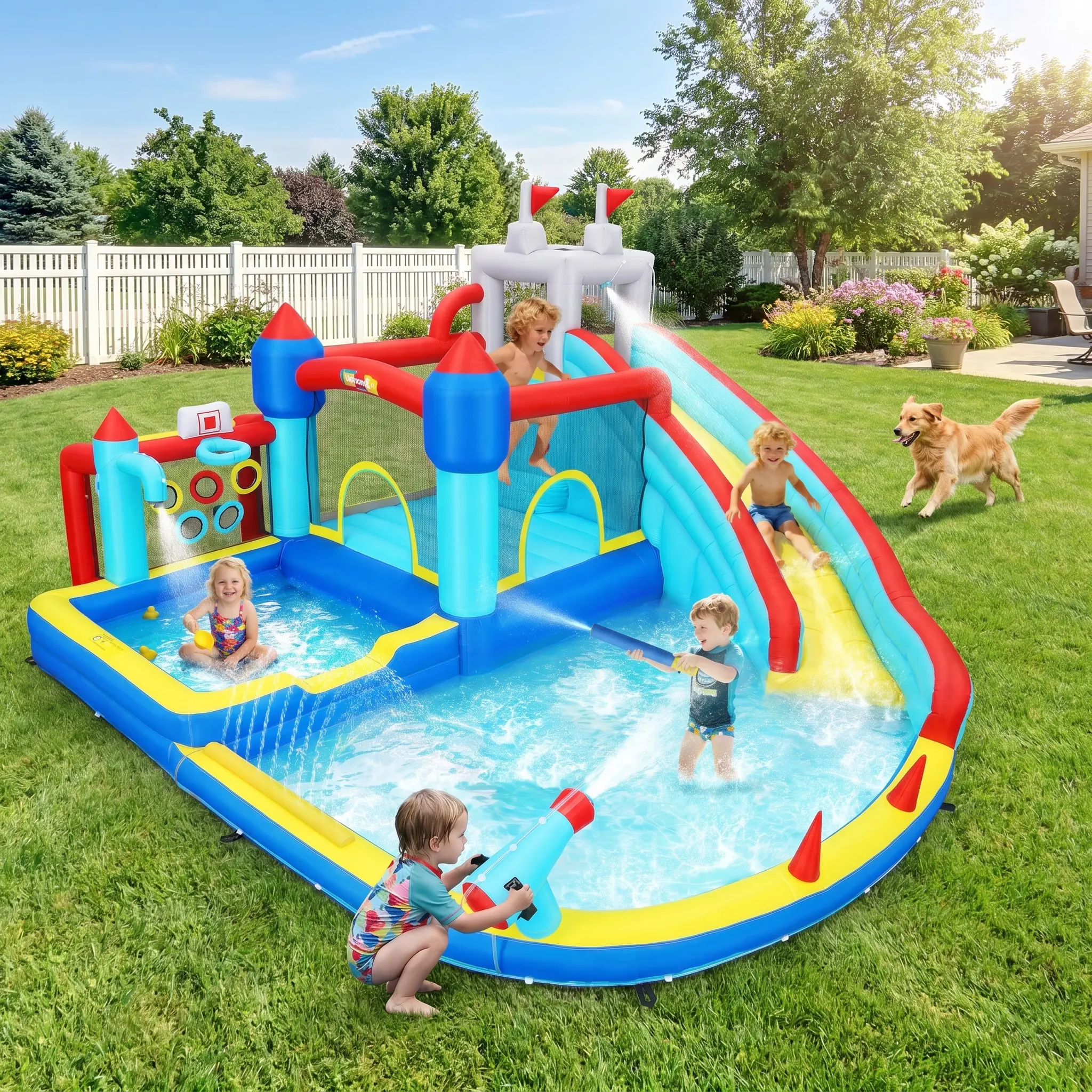 15x14.5ft Bounce House Water Slide Park,Huge Blow up Waterslides Inflatable for Kids Backyard w/750W Blower, Pool, Soccer Goal, 5-hole Target Toss Game, Dart Board for Big Kids 8-12 3-6