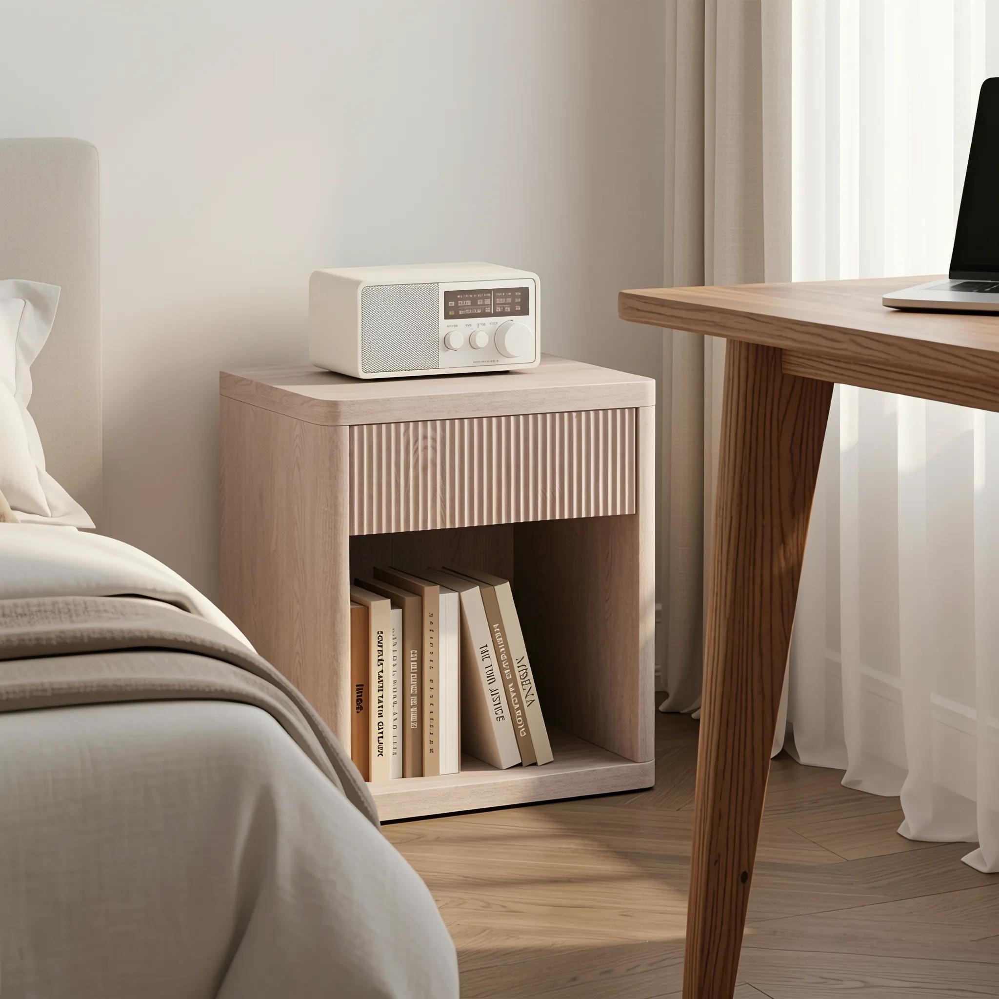 Mid-Century Modern Fluted Nightstand - 1-Drawer, 37mm Thick Body, 15 lbs Capacity, Durable Strong Construction, Open Shelf, Spacious Top, Particle Board Panel, Compact Indoor Bedroom Bedside Table Drawers for Small Spaces