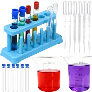 Laboratory Test Tube Rack Set, 1 Holder, 6 Tubes, 6 Plastic Graduated Cylinders, 6 Pipettes, Reusable, Multi-Functional