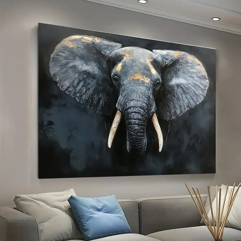 Artistic Glass-Textured Elephant Themed Canvas Wall Art, 2D Flat Wooden Framed Ready-to-Hang Decor, Ideal Home Ornament for Bedroom, Living Room, Kitchen