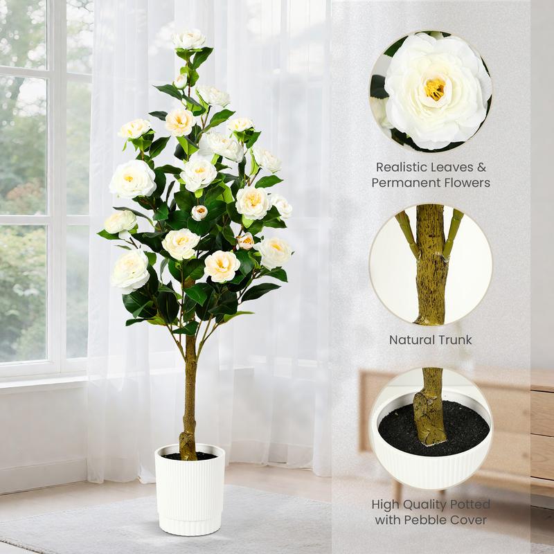 SHareconn 2-Pack 3/4FT Artificial Camellia Trees with Blooming Flowers, Lifelike Faux Plants for Indoor Outdoor Home Porch Decor, No Maintenance Needed