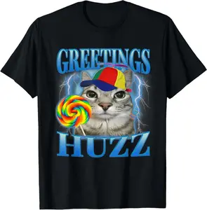 Lollipop Cat Meme Greetings Huzz Funny Silly Cats Humor T-Shirt Short-sleeved Shirt