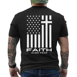 Faith Over Fear Christian Shirt, American Flag Cross Graphic Tee, Patriotic Jesus T-Shirt, Gift For Unisex, Fast Shipping, Short Sleeve Printed Graphic Shirt, Daily Casual Cotton Menswear