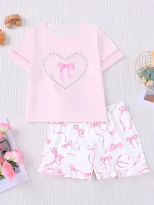 Sweet Bow Print Pajama Set, New Summer Cute Casual Sleepwear, Fire Retardant Round Neck Short Sleeve Elastic Waist Shorts