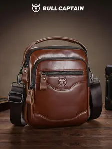 BULLCAPTAIN Men's Vintage Genuine Cowhide Leather Shoulder Bag, Multi-Functional Commuter Crossbody Bag, High-Quality 8 Inch Messenger Bag