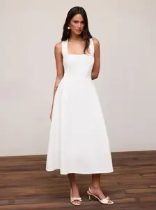 Square Neck Solid Criss Cross Ruffle Midi Dress