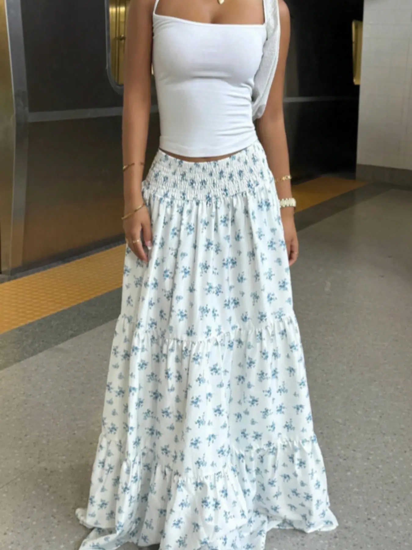 Elastic Waist Ditsy Floral Ruched Midi Skirt Bottom, Fresh Summer Style, Boho, Perfect for Vacation, Weekend, Casual, Women, Fit