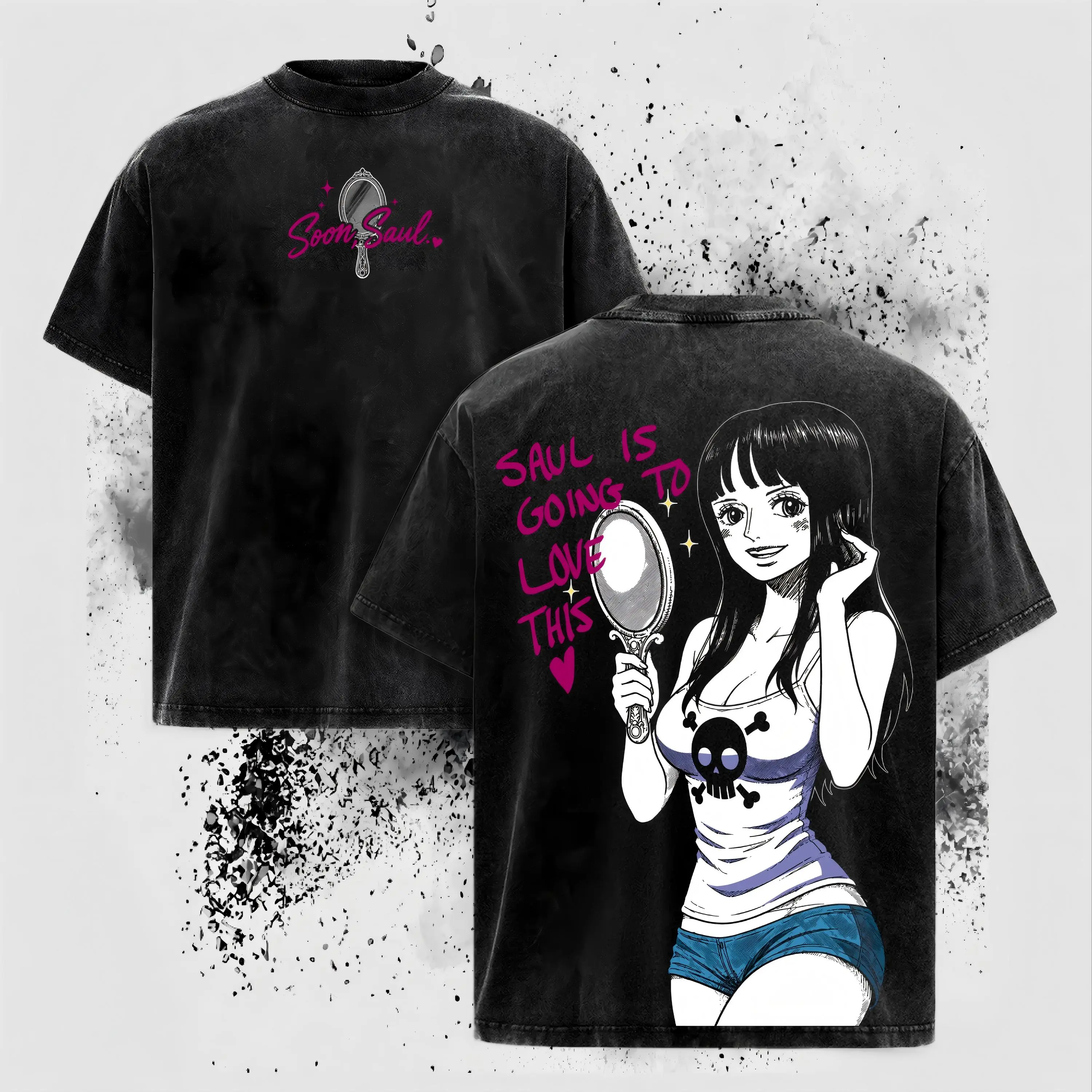ST 100% cotton Nico Robin - OP Soon Saul Waifu Double Printed Graphic Tee, Faded Vintage Washed Streetwear For Men, Heavy Cotton Oversized Shirt, Gift For OP Fans
