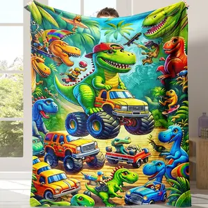 Soft Cartoon Dinosaur Flannel Blanket, Cozy Comfortable Throw for Office School Home Picnic Travel Gift Idea, Fluffy Blanket, 1 Piece