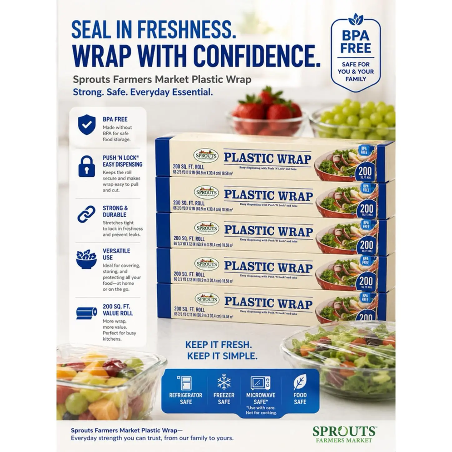 Sprouts Farmers Market BPA Free Plastic Wrap 200 SQ FT Value Roll Strong Safe Everyday Essential for Refrigerator Freezer Microwave Food Safe
